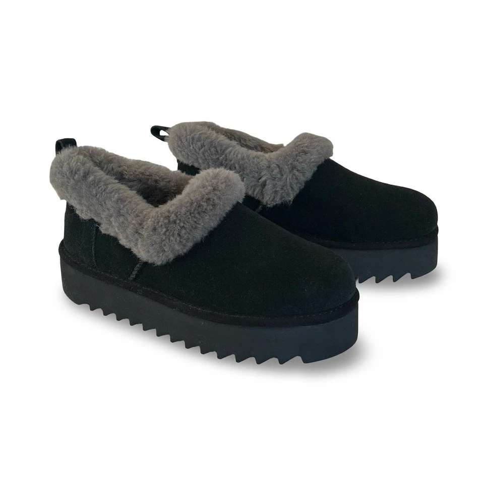 UGG Nita Platform Slippers Genuine Shearling Womens Size 7 Black Suede - Image 1 of 4