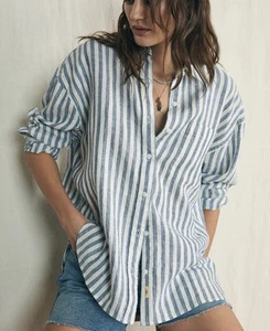 Faherty | Women’s Medium | Laguna Linen Relaxed Shirt Striped Blue White | EUC - Picture 1 of 11
