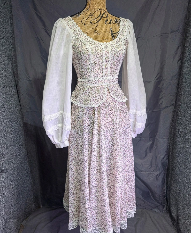 Maxi Vestido Gunne Sax Vintage Años 70 Talla 7 XXS Victoriano Calico Pradera Corsé Foto 1 de 4