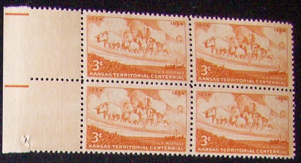 US 3¢ stamp SC #1061 Kansas Territorial Centennial block of 4 MNH 1954. - Image 1 of 1