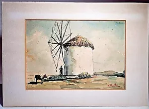 Original signiertes mattiertes Aquarell Gemälde griechische WINDMÜHLE Esel & Mensch - GRIECHENLAND - Bild 1 von 5