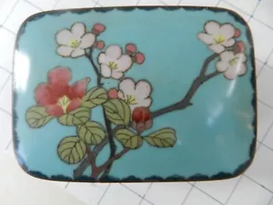 ANTIQUE CLOISONNE BOX JAPANESE 3 X 4 1/2 INCHES pale blue ground QUINCE & CHERRY - Picture 1 of 9