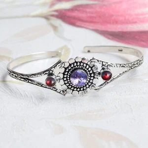 Faceted Amethyst & Garnet Gemstone Cuff 925 Sterling Silver Birthstone Bangle - Picture 1 of 7
