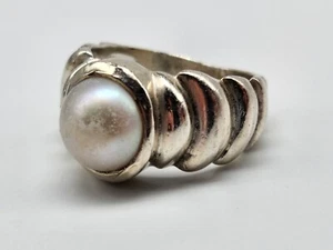 Größe 6,25 Sterlingsilber Ring Stroh gewellter Stil Rund Weiß Perle Farbe Stein - Bild 1 von 6