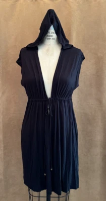 L Nicole Miller Black Swimsuit Cover Up Dress Hooded Empire Waist Tie large - Image 1 of 4