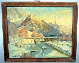 1949 Wilhelm Uhl MOUNTAIN Landscape BRIDGE Stream Mid Century OIL Painting ART - Picture 1 of 8