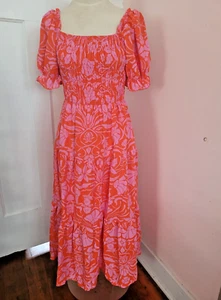 Fashion Womens Maxi Dress Orange and Light Pink Floral Print Pullover Dress SZ S - Picture 1 of 11