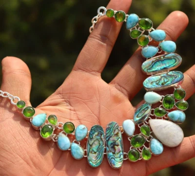 Moonstone, Abalone Shell, Larimar & Peridot stone handmade 925 silver necklace - Image 1 of 4