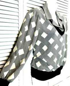 Vintage 70s Leslie Fay Banded Blouse Pullover Secretary Academia 10P Black White - Picture 1 of 9