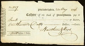 PA $1000 PHILADELPHIA The Bank of Pennsylvania May 28, 1796 Vintage Bank Check - Picture 1 of 2