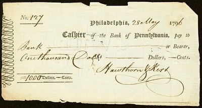 PA $1000 PHILADELPHIA The Bank of Pennsylvania May 28, 1796 Vintage Bank Check - Image 1 of 2