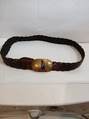 Cinturón de mujer vintage de cuero marrón trenzado Cichos con hebilla de cabujón de latón S/M Foto 1 de 4