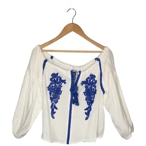 New Line And Dot Womens Medium Embroidered Lace Off Shoulder Peasant Boho White - Picture 1 of 14