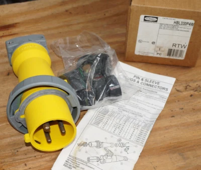 HUBBELL 330P4W Male Electrical Connector Plug, 3-Pin, 30-Amp, 125 VAC, IEC60309