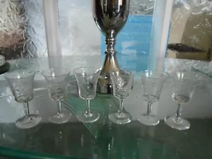 Wine glass crystal etched x 6 lot 3.5 inches high 6 inches round VGC - Picture 1 of 6