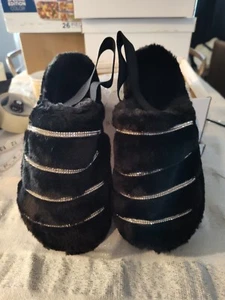 Bamboo Women's Black Fur Rhinestone Slingback Slippers Comfy Warmness 8.5 - Picture 1 of 8
