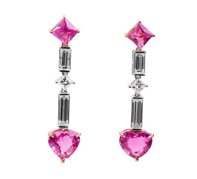 Brincos estilo Art Deco platina ouro 18K safira rosa e gota de diamante 7,21 CTW - Imagem 1 de 4