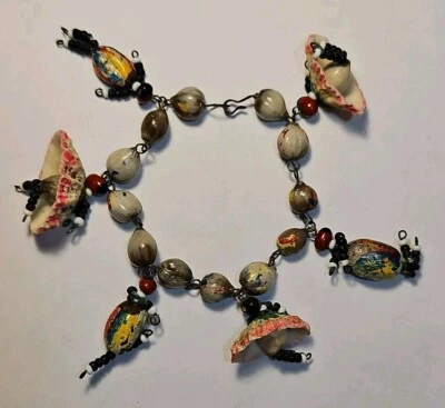 Vintage Hand Painted Hand Made Shell $ Seed Dancer Bracelet Tramp Art Bracelet - Image 1 of 4