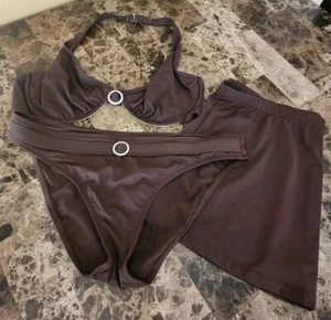 Swim Systems Vtg 90s 3pc Bikini Swimsuit Halter Top 38DD/Bottom L/Skirt L Brown - Picture 1 of 21