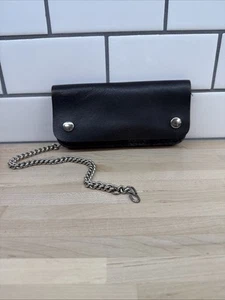 Vintage Mens Biker Trucker Black Leather Wallet Chain Snap Zip Pocket USA WORN - Picture 1 of 24
