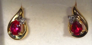 10K Yellow Gold 1.10ctw Created Ruby w/Genuine Diamond Accents Post Earrings - Picture 1 of 4