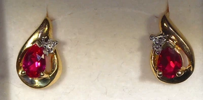 10K Yellow Gold 1.10ctw Created Ruby w/Genuine Diamond Accents Post Earrings - Image 1 of 4
