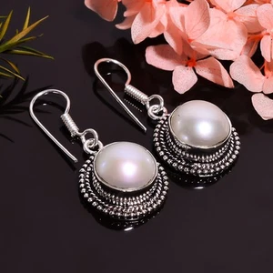 Biwa Pearl Vintage Handmade Jewelry.925 Silver Plated Earrings 1.4" GSR-6678 - Picture 1 of 2