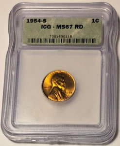 1954 S Lincoln Wheat Cent MS67 RED ICG - Picture 1 of 4