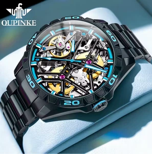OUPINKE Automatikuhr Edelstahl schwarz Uhr für Herren Skelett Zifferblatt Uhr - Bild 1 von 6
