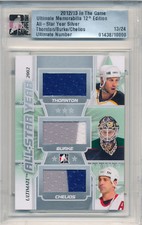2012-13 ITG Ultimate JOE THORNTON Burke CHRIS CHELIOS Triple Jersey Patch #/24