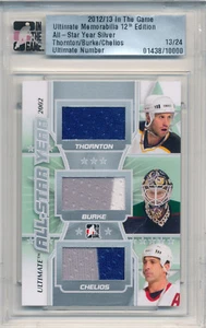 2012-13 ITG Ultimate JOE THORNTON Burke CHRIS CHELIOS Triple Jersey Patch #/24 - Picture 1 of 2