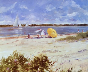 Imagen acuarela Brant Point Beach Nantucket Massachusetts 1985 impresión vintage - Imagen 1 de 3