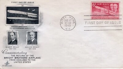 Wright Brothers 6c Airmail Stamp 1949 First Day Cover Art Craft Cache ST3269 - Image 1 of 2