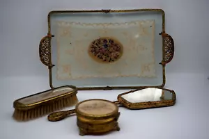 Vintage Brass Metal Glass Embroidery Vanity Set Tray Trinket Box Mirror & Brush - Picture 1 of 12