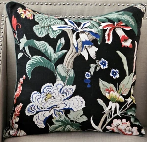 Schumacher Floral Botanical 100% Linen Nymphaea /Night(Black) Pillow 22.5 x22.5" - Picture 1 of 12
