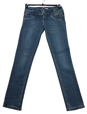 Pantalones de mezclilla ajustados VO para mujer talla 29 azul bolsillos adornados desgastados Foto 1 de 4