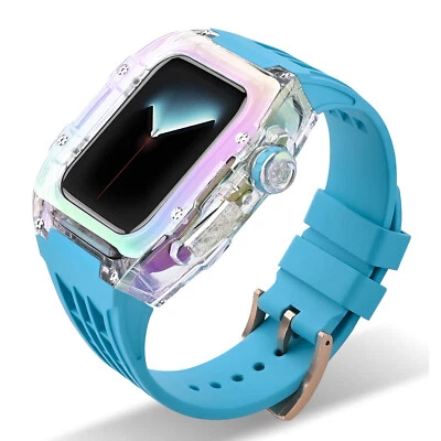 Para Apple Watch 9 8 7 6 5 SE Estuche Transparente Goma/Goma Fluor Banda Mod Kit Foto 1 de 4