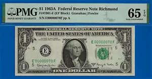 1963 $1 Federal Reserve Note PMG 65EPQ Birthday/Anniversary Fancy low Serial - Picture 1 of 2