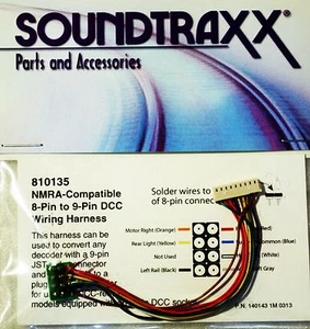 Soundtraxx NMRA Compatible 8-pin to 9 pin JST-style connector DCC wiring harness - Picture 1 of 2