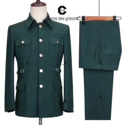 2 PIEZAS Para hombres Bolsillos Safari Chaqueta Traje Solapa Caza Abrigo Pantalones Formal Boda Foto 1 de 4