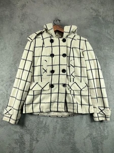 Womens Jackets Large Pea Coat Hooded YMI Ivory Check Wool Blend Double Breast - Picture 1 of 11