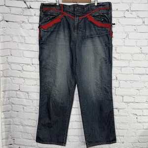 Marithe Francois Girbaud Denim Jeans Size 44 Red String Strap Embossed Baggy VTG - Picture 1 of 23