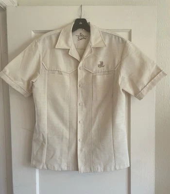 Iolani Hawaii Executive Vintage 2 Pocket Ivory Hawaiian Poly Shirt Men's Medium - Image 1 of 4