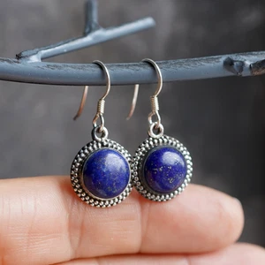 Sterling Silver Lapis Lazuli Round Blue Drop Earrings - Picture 1 of 2