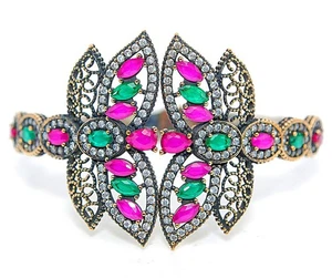 Ottoman Empire Style 16CT Treated Ruby & Topaz 925 Sterling Silver Bracelet   - Picture 1 of 3