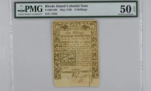 Rhode Island May 1786 6 Shillings Colonial Currency PMG AU 50 EPQ FR RI-296 - Picture 1 of 2