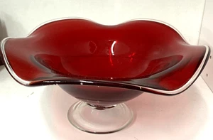Pedestal de vidrio artístico soplado a mano cuenco vintage rojo vikingo remolino fondo transparente - Imagen 1 de 5