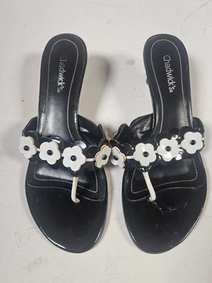 Sandalias Chadwicks Gatito Tacón Negras Flores Blancas Años 90 7.5 De Colección Tanga Zapato Foto 1 de 4