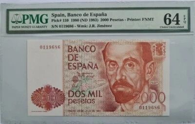 1980 (ND 1983) SPAIN 2000 PESETAS PMG64 EPQ 'UNC'【P-159】 - Image 1 of 4