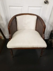 Mid 20th Century Mahogany Caned Upholstered Barrel Back Arm Chair - Picture 1 of 10